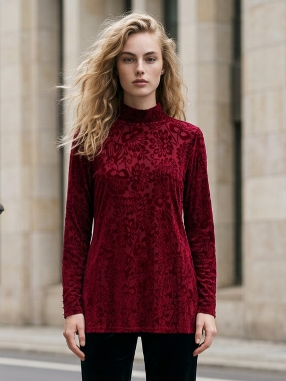Soft Surroundings Burgundy Velvet Floral Mock-Neck Top